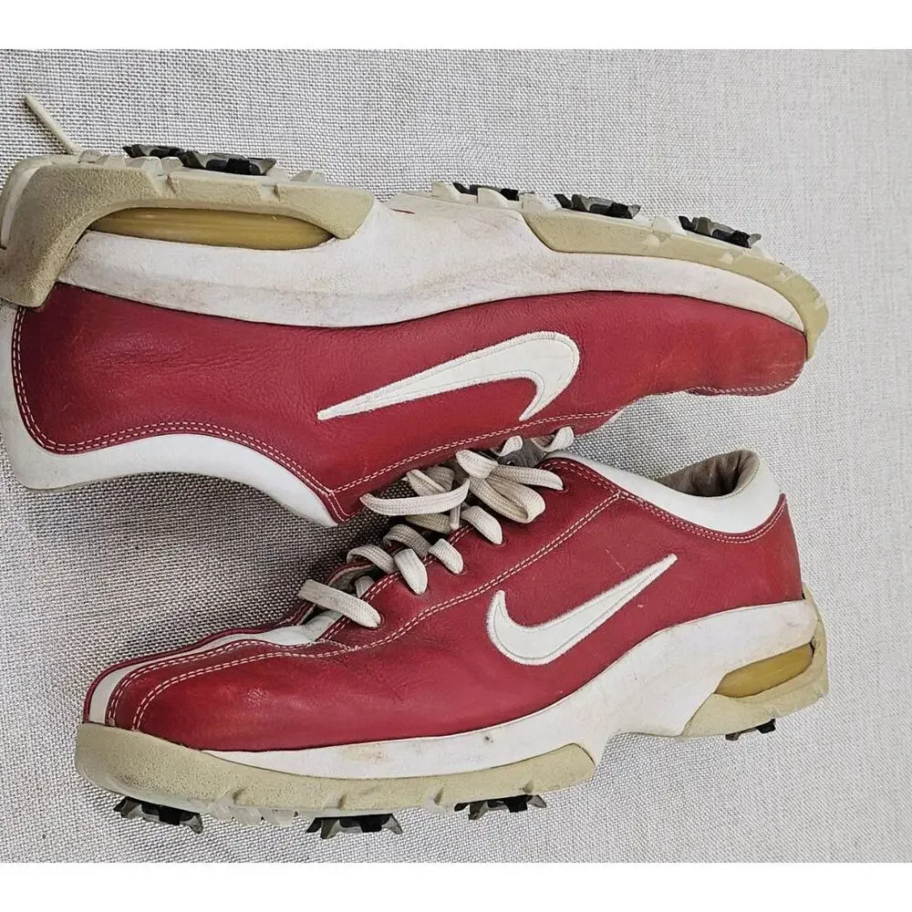 Vtg Nike Air‎ Max Golf Athletic Shoes Red White Spikes Leather Womens US 8
